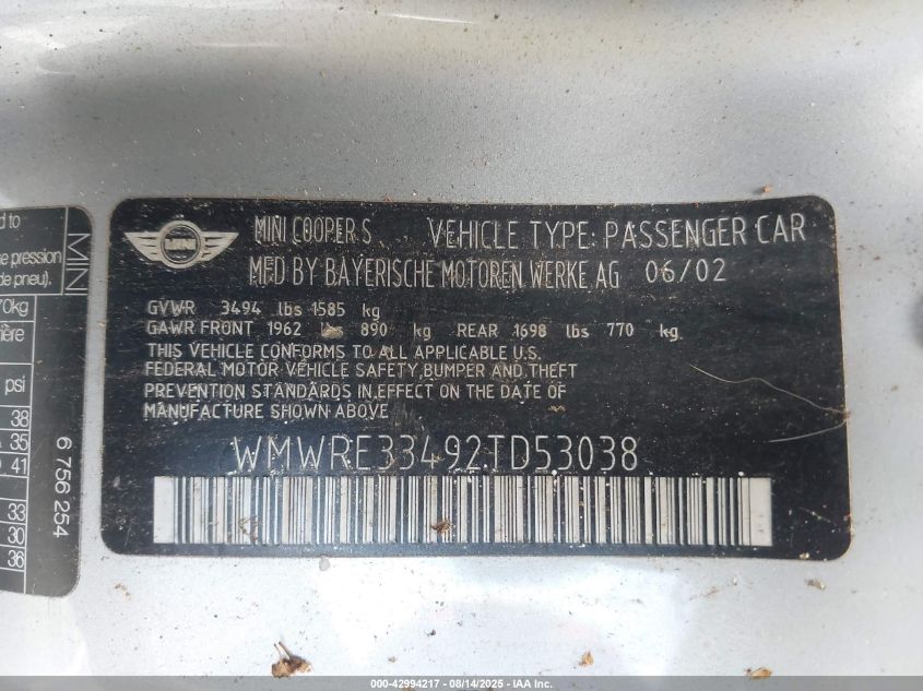 2002 Mini Cooper S VIN: WMWRE33492TD53038 Lot: 42994217