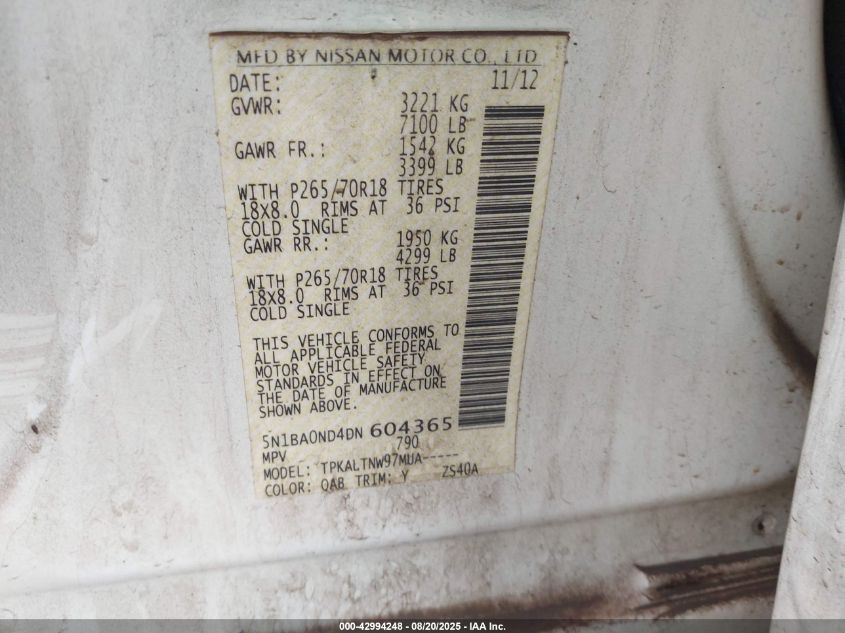 2013 NISSAN ARMADA SV - 5N1BA0ND4DN604365