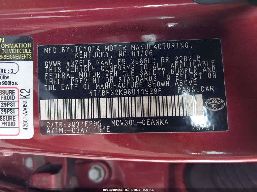 2006 Toyota Camry Le V6 VIN: 4T1BF32K96U119296 Lot: 42994266