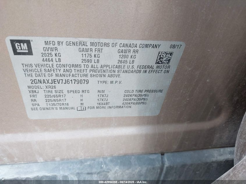 2018 Chevrolet Equinox Lt VIN: 2GNAXJEV7J6179079 Lot: 42994355