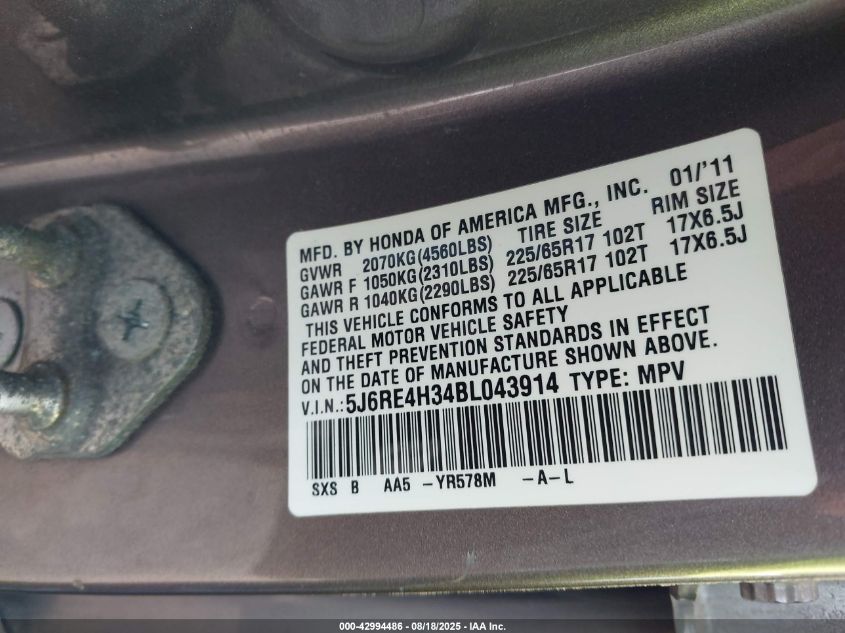 2011 Honda Cr-V Lx VIN: 5J6RE4H34BL043914 Lot: 42994486