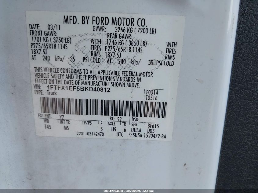 2011 Ford F-150 Xlt VIN: 1FTFX1EF5BKD40812 Lot: 42994488