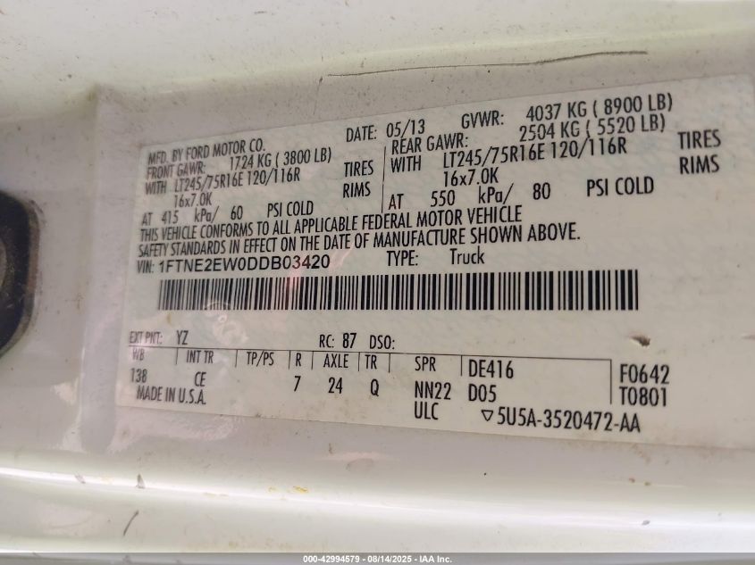 2013 Ford E-250 Commercial VIN: 1FTNE2EW0DDB03420 Lot: 42994579