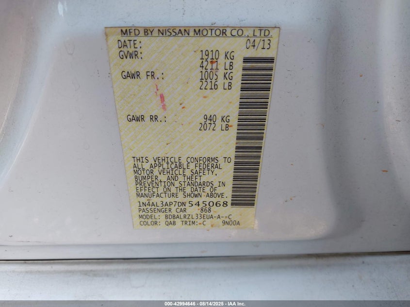 2013 NISSAN ALTIMA 2.5 S 1N4AL3AP7DN545068