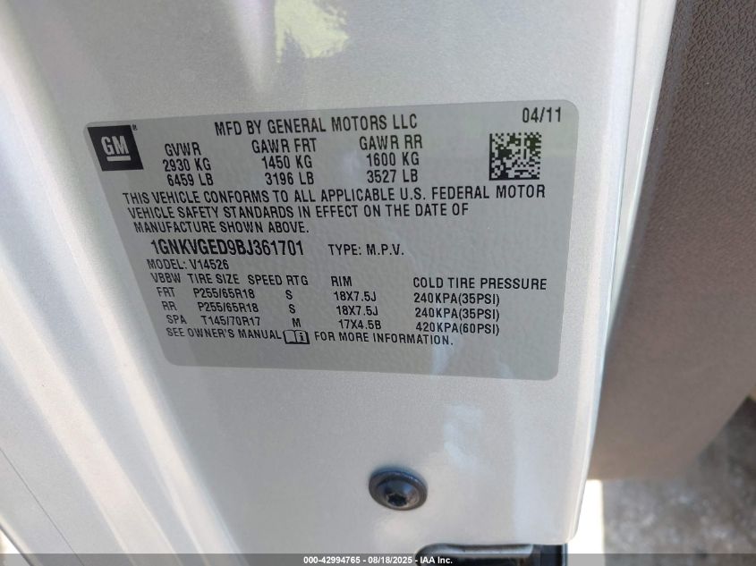 2011 Chevrolet Traverse 1Lt VIN: 1GNKVGED9BJ361701 Lot: 42994765