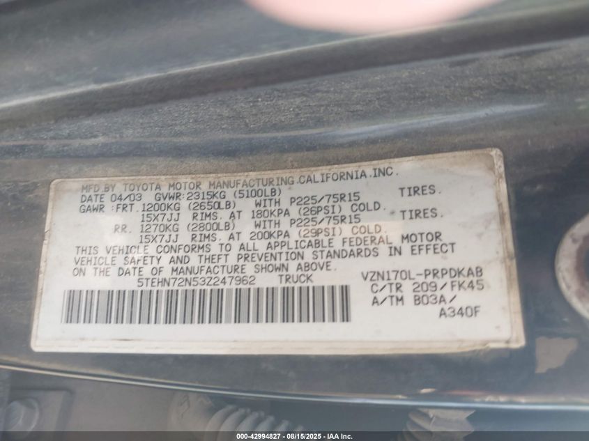 2003 Toyota Tacoma Base V6 VIN: 5TEHN72N53Z247962 Lot: 42994827
