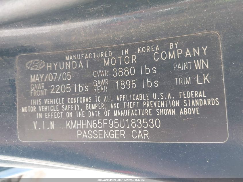 2005 Hyundai Tiburon Gt/Se VIN: KMHHN65F95U183530 Lot: 42994909