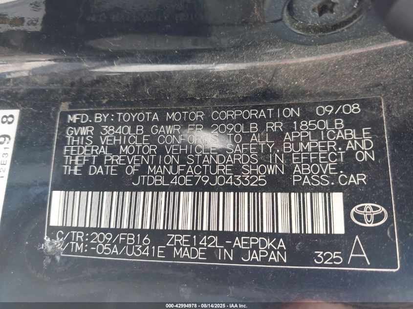 2009 Toyota Corolla Le VIN: JTDBL40E79J043325 Lot: 42996115