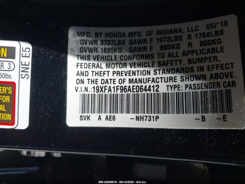 2010 Honda Civic Ex-L VIN: 19XFA1F96AE064412 Lot: 42995018