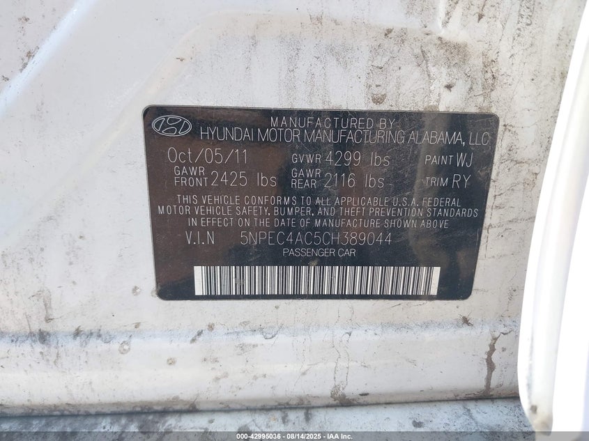 5NPEC4AC5CH389044 2012 HYUNDAI SONATA photo no. 9