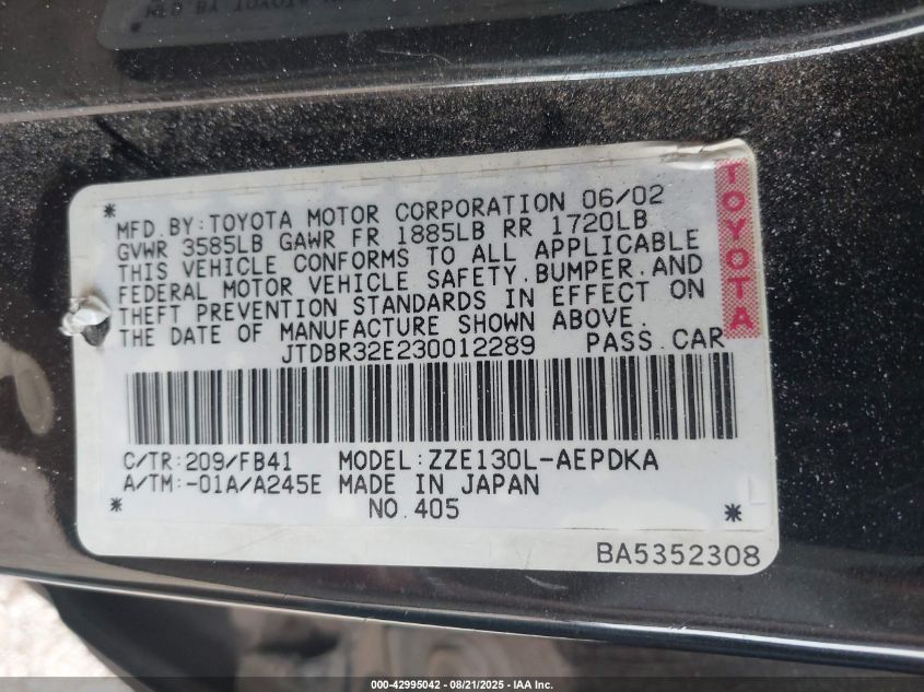 2003 Toyota Corolla Ce VIN: JTDBR32E230012289 Lot: 42995042