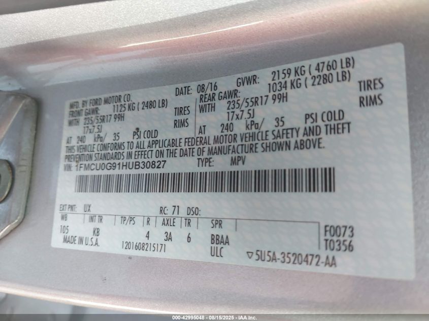 2017 Ford Escape Se VIN: 1FMCU0G91HUB30827 Lot: 42995048