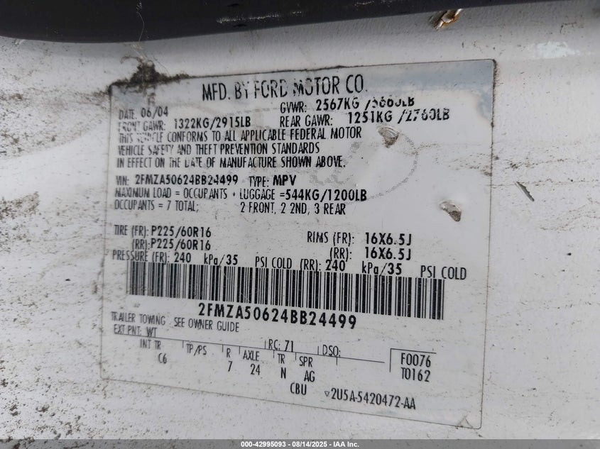 2004 Ford Freestar S VIN: 2FMZA50624BB24499 Lot: 42995093