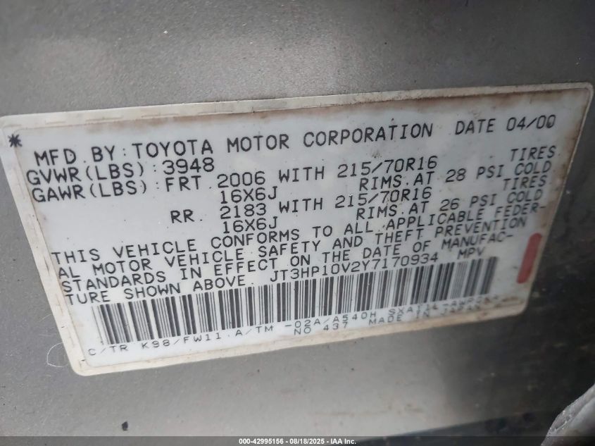 2000 Toyota Rav4 VIN: JT3HP10V2Y7170934 Lot: 42995156