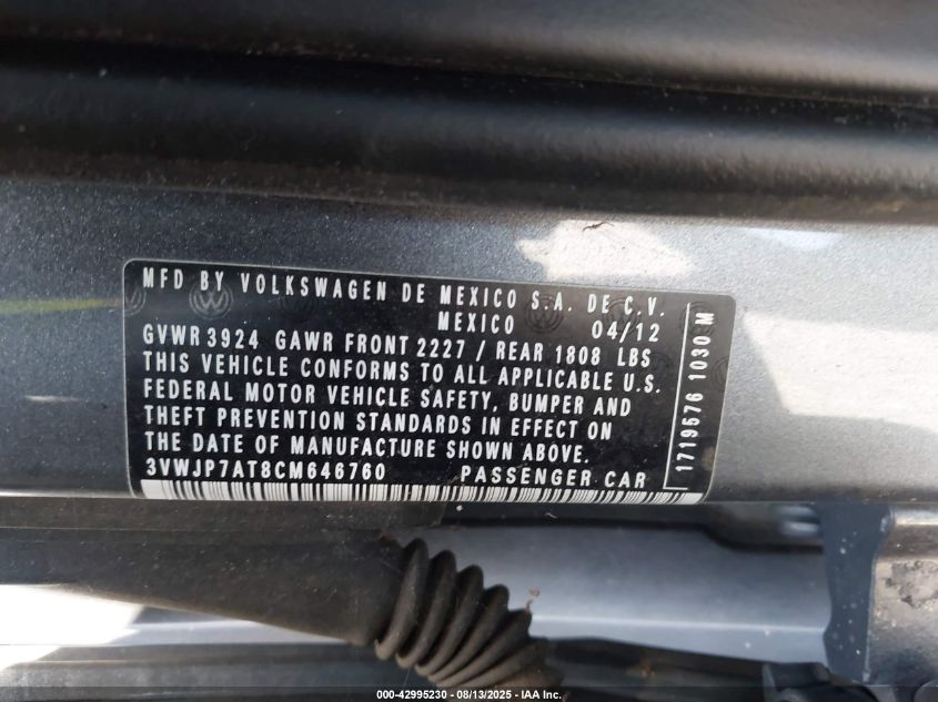 2012 Volkswagen Beetle 2.5L VIN: 3VWJP7AT8CM646760 Lot: 42994698