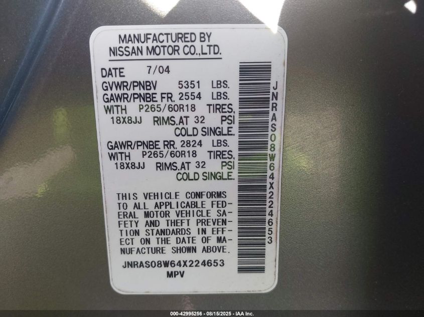 2004 Infiniti Fx35 VIN: JNRAS08W64X224653 Lot: 42995256