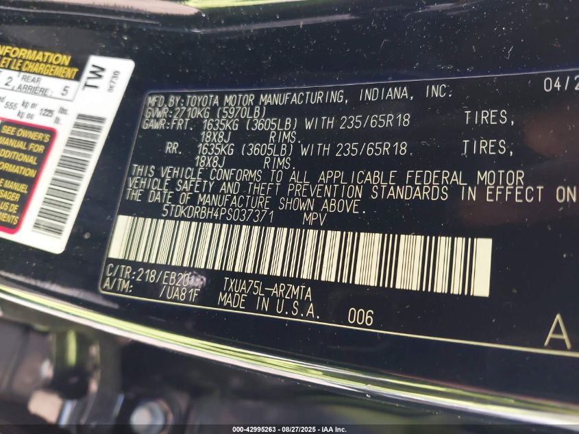 2023 Toyota Highlander Xle VIN: 5TDKDRBH4PS037371 Lot: 42995263