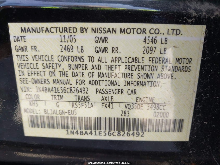 2006 Nissan Maxima 3.5 Sl VIN: 1N4BA41E56C826492 Lot: 42995338