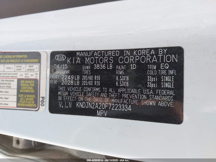 2015 Kia Soul VIN: KNDJN2A20F7223334 Lot: 42995514