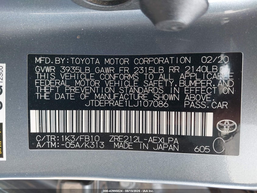 2020 TOYOTA COROLLA LE - JTDEPRAE1LJ107086
