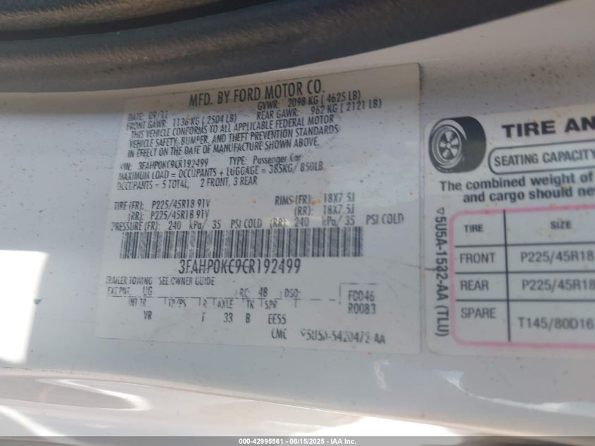 2012 Ford Fusion Sport VIN: 3FAHP0KC9CR192499 Lot: 42995561