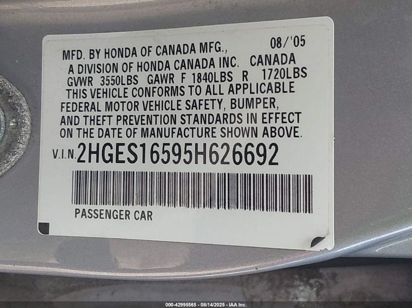 2005 Honda Civic Lx VIN: 2HGES16595H626692 Lot: 42995565