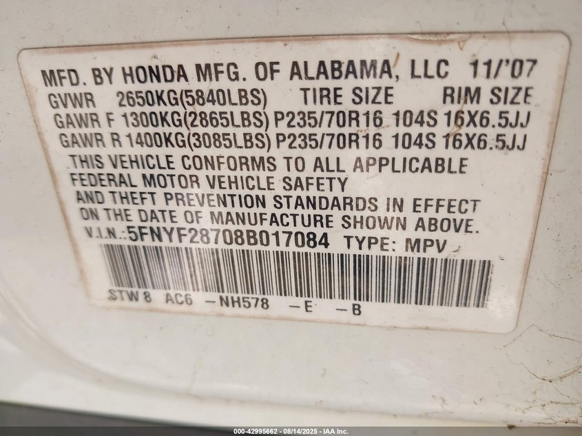 2008 Honda Pilot Ex-L VIN: 5FNYF28708B017084 Lot: 42995662