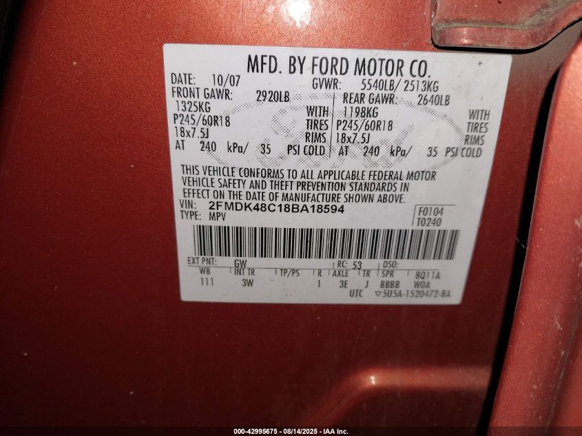 2008 Ford Edge Sel VIN: 2FMDK48C18BA18594 Lot: 42995675