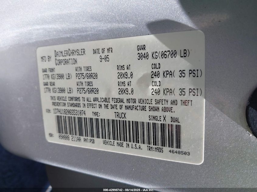 2006 Dodge Ram 1500 Slt/Trx4 Off Road/Sport VIN: 1D7HU18206S531074 Lot: 42995742