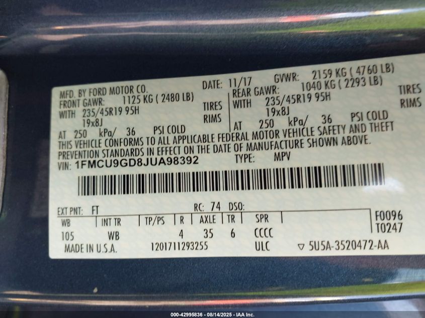 2018 Ford Escape Se VIN: 1FMCU9GD8JUA98392 Lot: 42995836