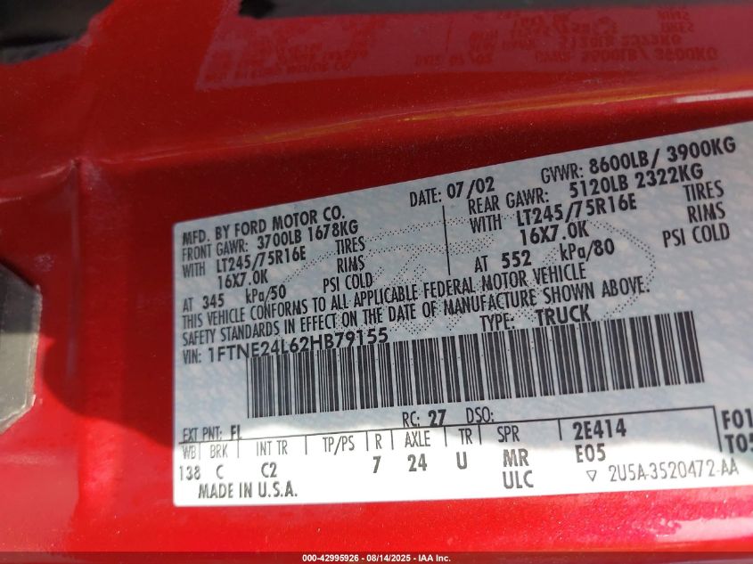 2002 Ford E-250 Commercial/Recreational VIN: 1FTNE24L62HB79155 Lot: 42995926