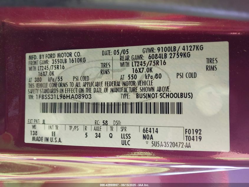 2006 Ford E-350 Super Duty Xl/Xlt VIN: 1FBSS31L96HA08903 Lot: 42995515