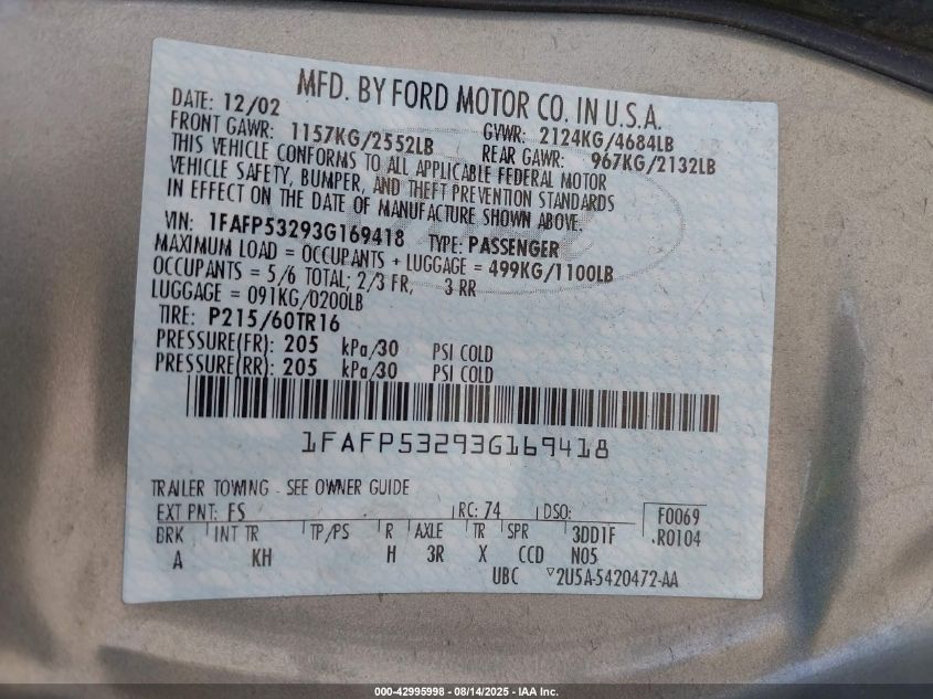 2003 Ford Taurus Se VIN: 1FAFP53293G169418 Lot: 42995998