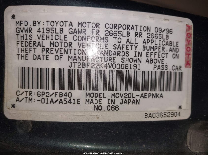 1997 Toyota Camry Le V6 VIN: JT2BF22K4V0006191 Lot: 42996000