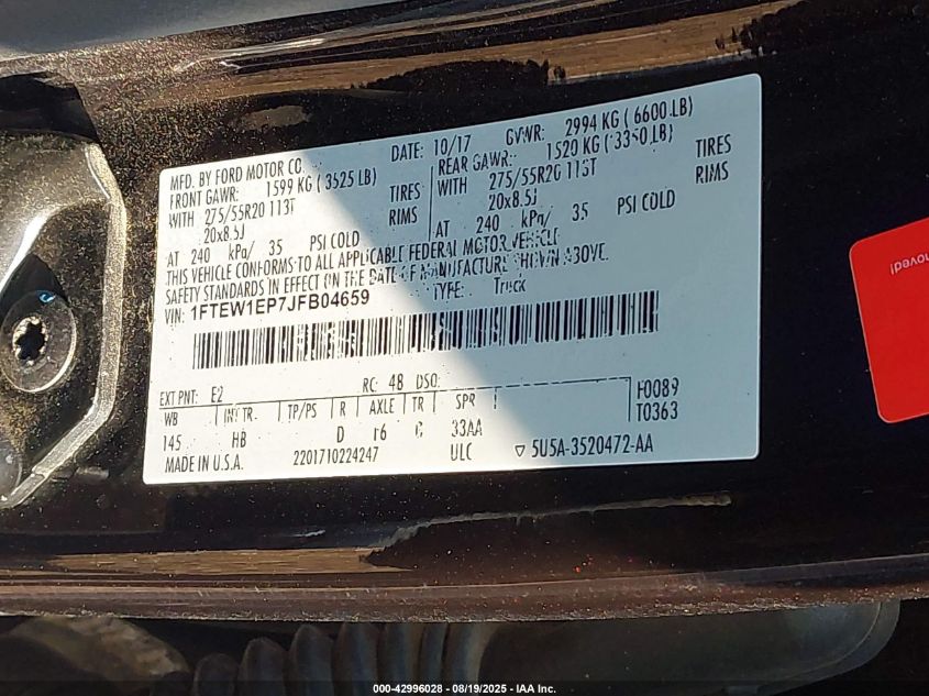 2018 Ford F-150 Lariat VIN: 1FTEW1EP7JFB04659 Lot: 42996028