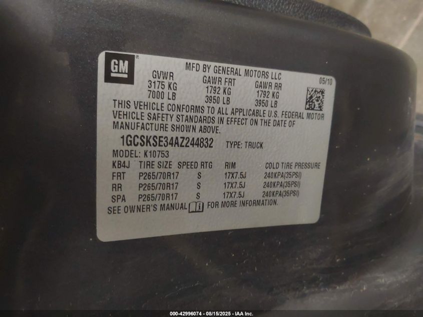 2010 Chevrolet Silverado 1500 Lt VIN: 1GCSKSE34AZ244832 Lot: 42996074