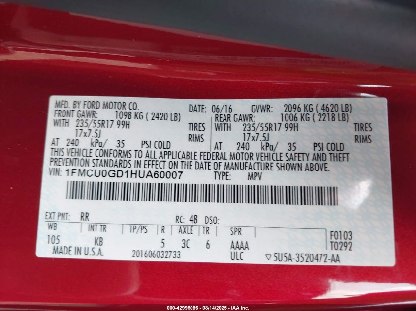 2017 Ford Escape Se VIN: 1FMCU0GD1HUA60007 Lot: 42996086