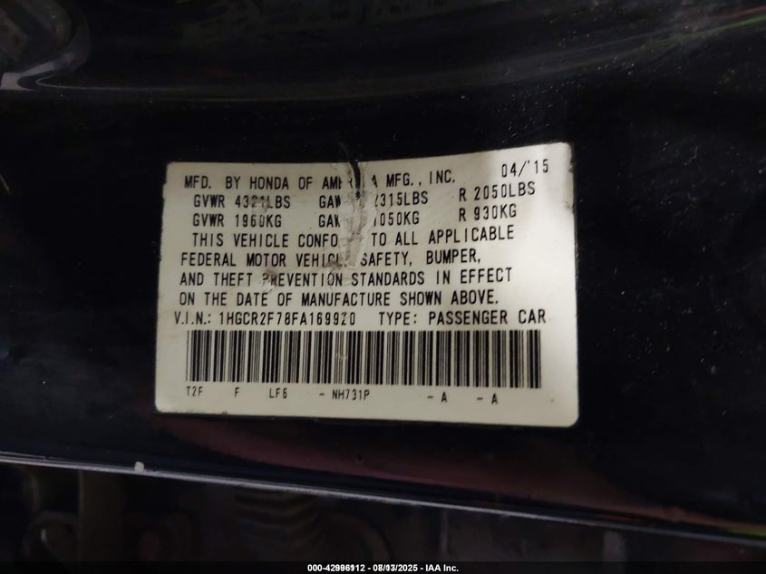 2015 Honda Accord Ex VIN: 1HGCR2F78FA169920 Lot: 42996112