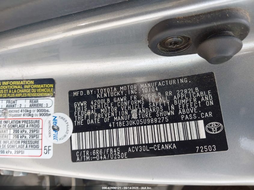 2005 Toyota Camry Le VIN: 4T1BE30K05U988275 Lot: 42996121