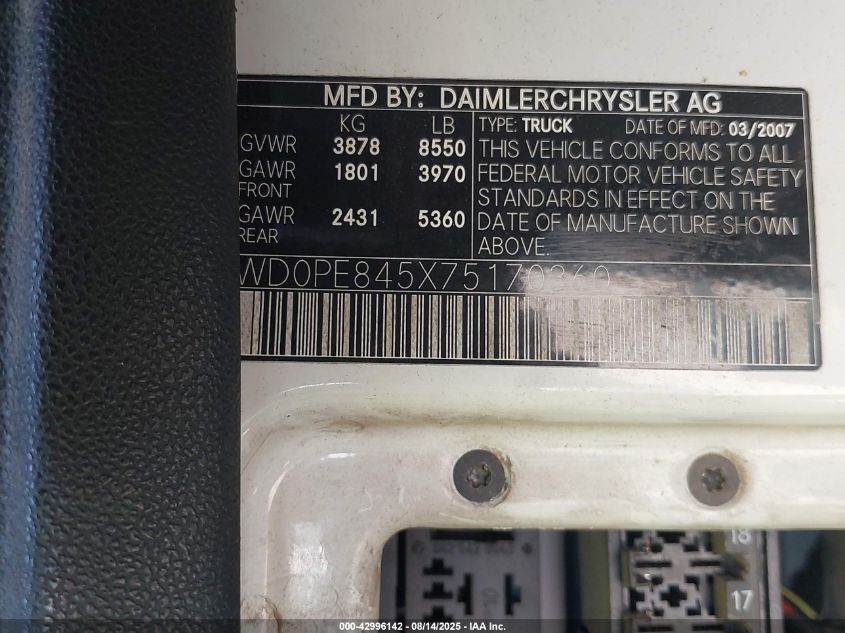 2007 Dodge Sprinter Van 2500 High Roof VIN: WD0PE845X75170360 Lot: 42996142