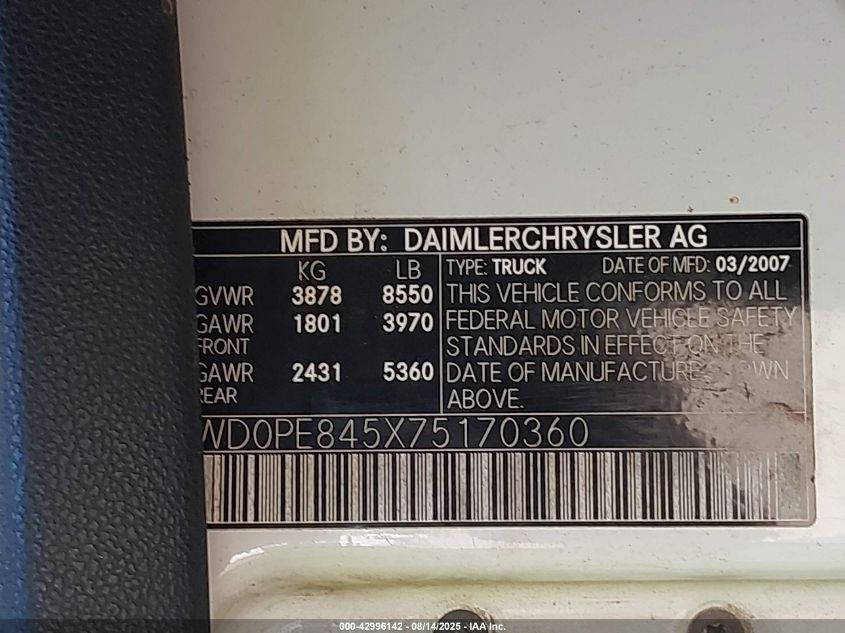 2007 Dodge Sprinter Van 2500 High Roof VIN: WD0PE845X75170360 Lot: 42996142