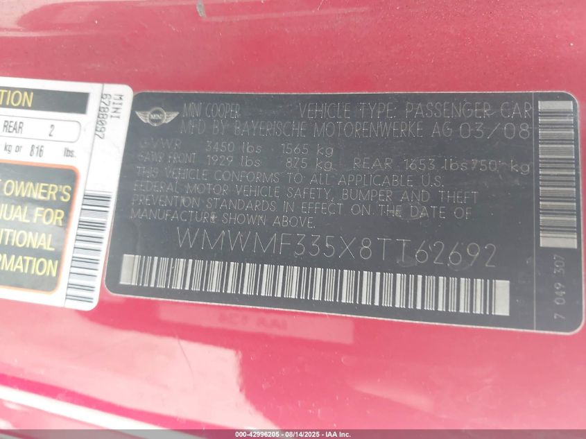 2008 Mini Cooper VIN: WMWMF335X8TT62692 Lot: 42996205