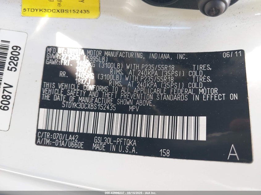 2011 Toyota Sienna Limited V6 VIN: 5TDYK3DCXBS152435 Lot: 42996237