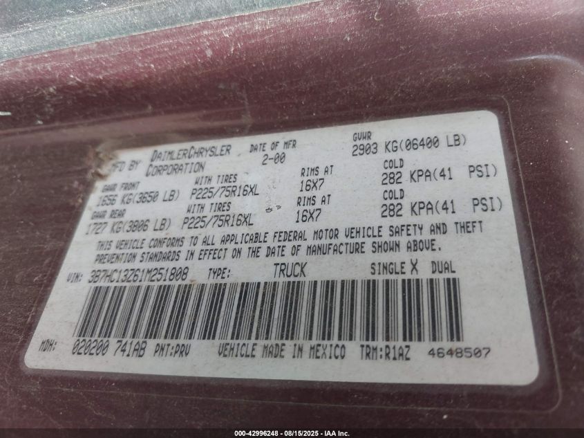 2001 Dodge Ram 1500 St VIN: 3B7HC13Z61M251808 Lot: 42996248