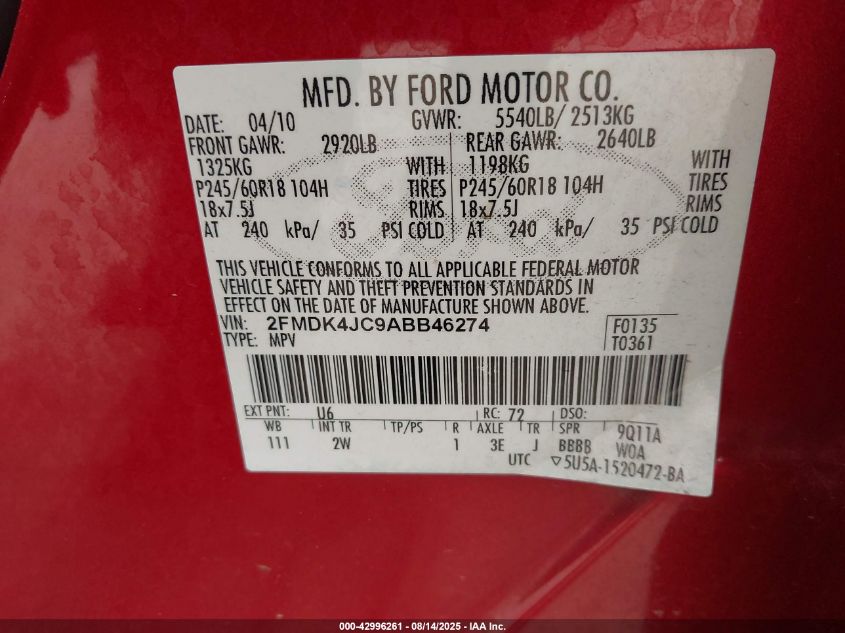 2010 Ford Edge Sel VIN: 2FMDK4JC9ABB46274 Lot: 42996261