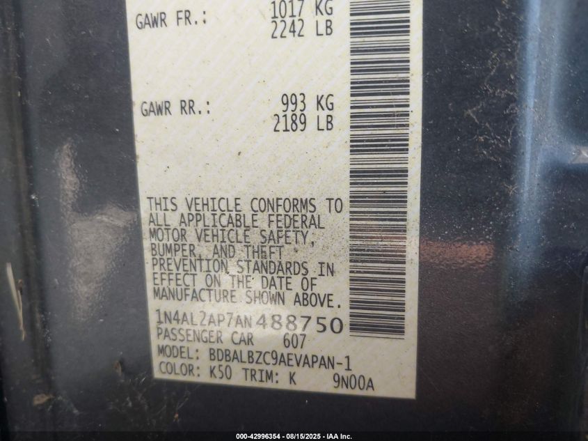 2010 Nissan Altima S VIN: 1N4AL2AP7AN488750 Lot: 42996354