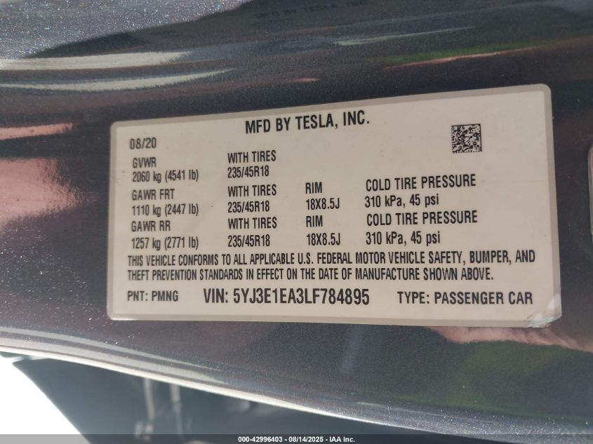 2020 Tesla Model 3 Standard Range Plus Rear-Wheel Drive/Standard Range Rear-Wheel Drive VIN: 5YJ3E1EA3LF784895 Lot: 42996403