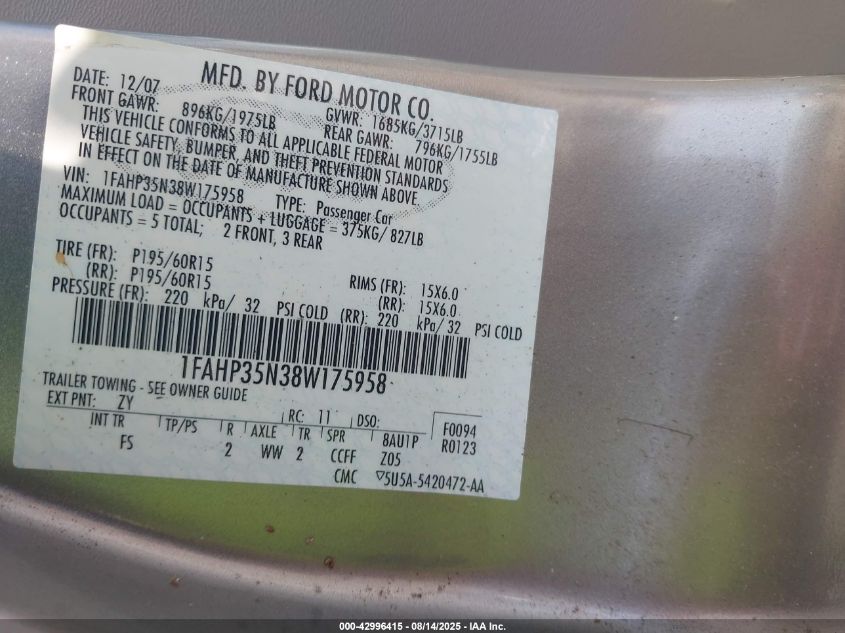 2008 Ford Focus Se/Ses VIN: 1FAHP35N38W175958 Lot: 42996415