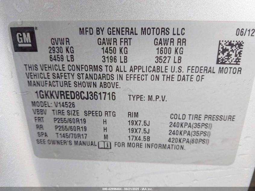 2012 GMC Acadia Slt-1 VIN: 1GKKVRED8CJ361716 Lot: 42996484