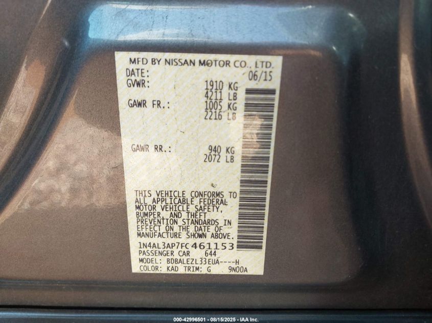 2015 Nissan Altima 2.5 S VIN: 1N4AL3AP7FC461153 Lot: 42996501